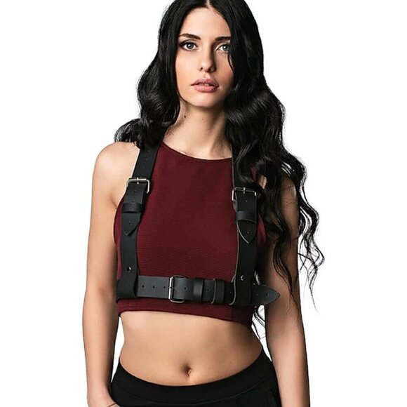 𝅺BLACK Leather Top Shoulder Waist Harness Belt BDSM Slave Fetish Bondage Gothic - Picture 5 of 7